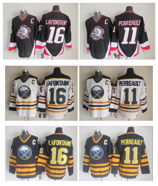 

1984 retro buffalo sabres #11 gilbert perreault vintage hockey jerseys white blue #16 pat lafontaine stitched jersey c patch, Black;red