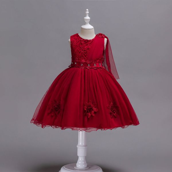 

new style baby girl dresses lace rhinestone halloween princess dress appliqued bowtie sleeveless christmas dress kids birthday party dress, Red;yellow