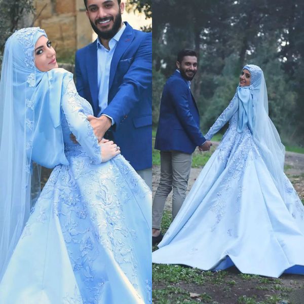 Neueste Saudi-Arabien Ballkleider mit hohem Kragen, hochwertige Spitzenapplikationen, muslimisches Abendkleid, langärmelig, Satin, formelle Teilkleider