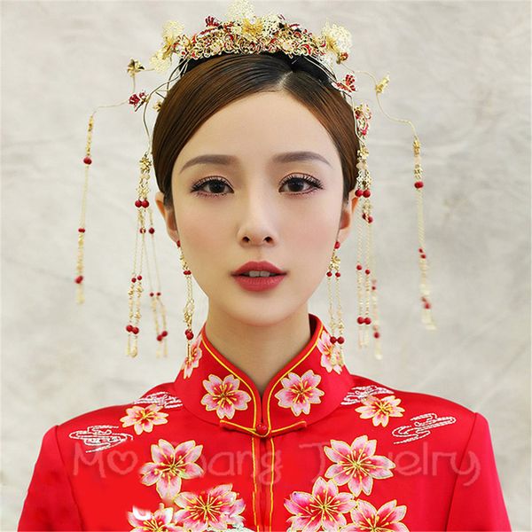 

butterfly bridal hairband set chinese traditional bride flower headdress coronet frontlet hairpin with tassel handmade jewelry, Slivery;golden