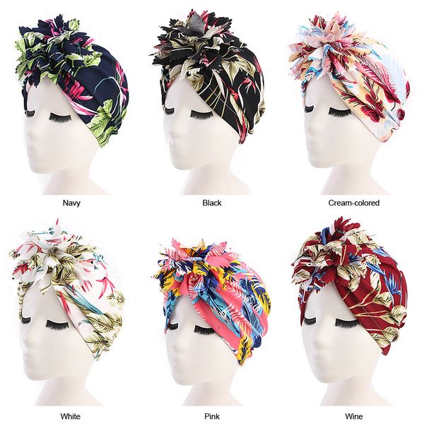 

Мусульманские женщины печатают большие цветы Turban Hats Chemo Beanie Hijab Pleated Wrap Cover Cap Потеря волос для аксессуаров для рака