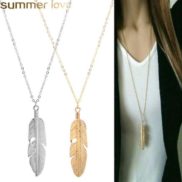 

simple classic feather pendant necklaces long sweater chain statement jewelry choker necklace for women girls, Silver
