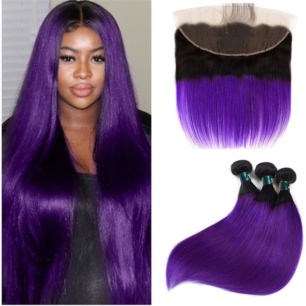 Straight 1b Purple Ombre Ear To Ear 13x4 Lace Frontal Closure With