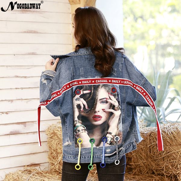 

boyfriend denim jacket women high street bomber jeans coat autumn loose casual streetwear punk frayed hole rivet outerwear 2018, Black;brown