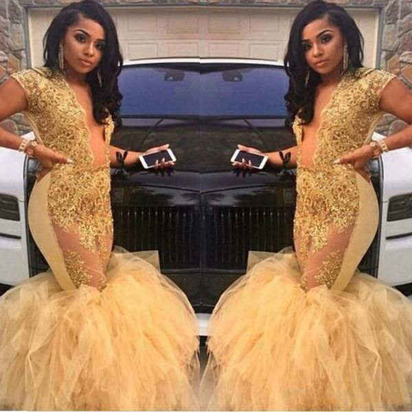 

plus size mermaid prom dresses 2018 deep v neck see through lace appliques tulle gold evening gowns pageant dresses, Black