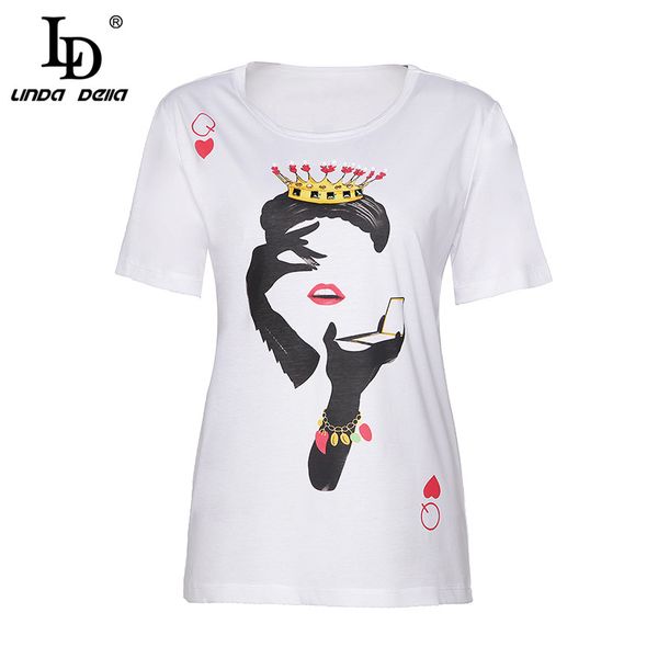 

ld linda della summer fashion runway cotton t shirt women's queen printed crown crystal beading casual t shirt, White