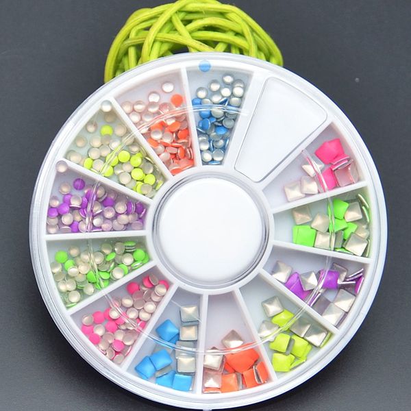 

colorful neon fluorescent studs rivet square round design nail art 3d tips diy acrylic uv gel wheel manicure decoration tools, Silver;gold