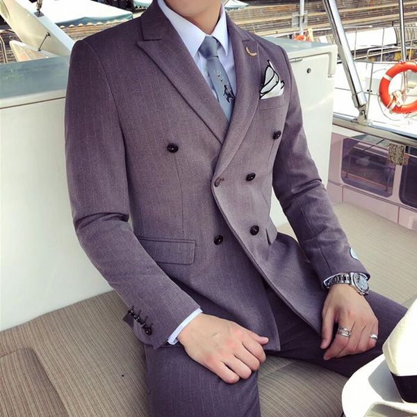 

jacket + pants ) fashion stripe men's formal business double-breasted suit set / mens suits with pants men suits for wedding, White;black