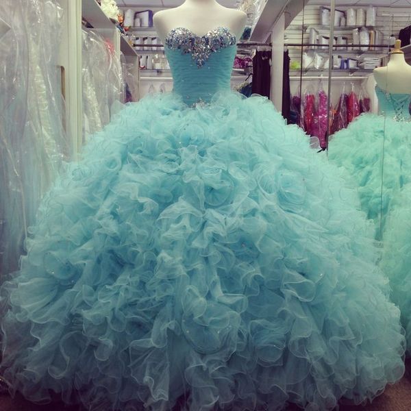 Real Photo ruffles quinceanera выпускные платья, Bling Crystal Crystal Crysted Tulle Aweetheart Corset Ruched Sweet 15 платье для девочек-бальных платьев