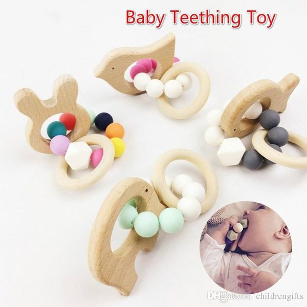 

baby teething bracelet toy small animal shaped jewelry teether for baby organic beech wood silicone beads baby rattle stroller accessories p