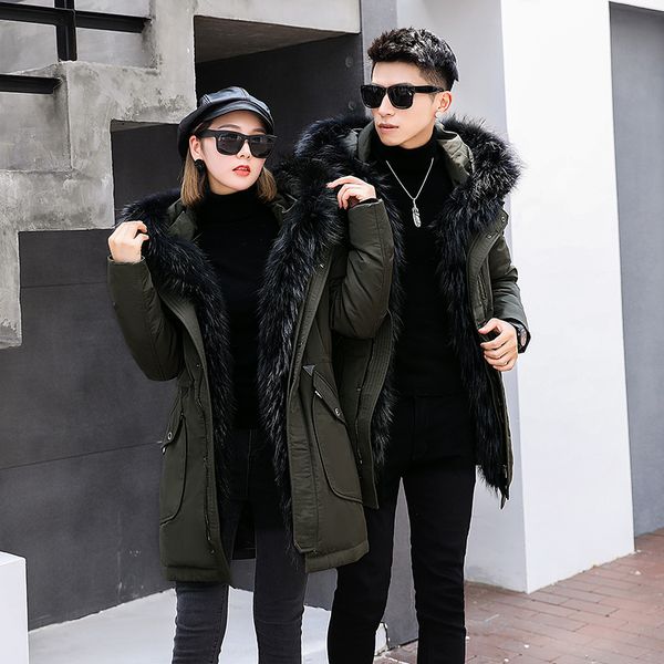 

2018 winter new style luxury real fur thick warm hooded down jacket cold essential men's and women's lovers long down jacket, Black