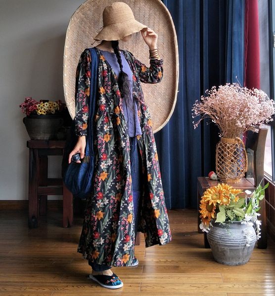 

women national style flower print vintage cotton trench coat outwear loose retro ladies print floral overcoat female coat autumn, Tan;black