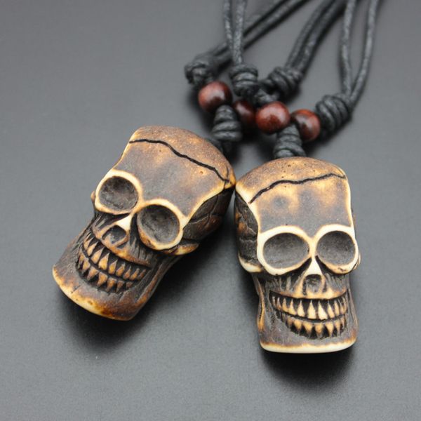 

skull skeleton pendant necklace, auniquestyle vintage imitation yak bone necklace man-made carving skull totem punk halloween amulet gift, Silver