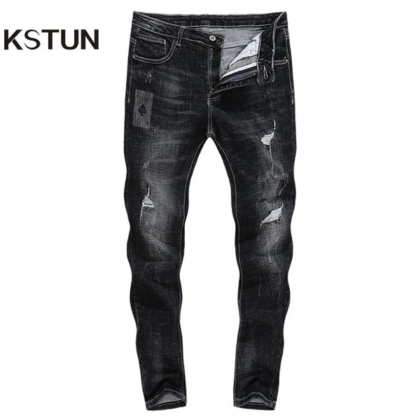 

kstun skinny denim jeans men 2018 autumn stretch ripped print poker pattern pockets jogger hombre casual pantalon hip hop pants, Blue