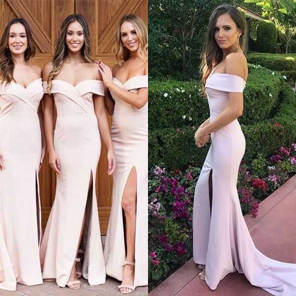 

2019 stunning mermaid bridesmaid dress off the shoulder long formal maid of honor gowns with split sweep train high quality, White;pink