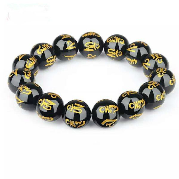 

woman men stretch powerful natural stone bracelet six word crystal round bead black natural obsidian bracelet 10mm 12mm 14mm, Golden;silver