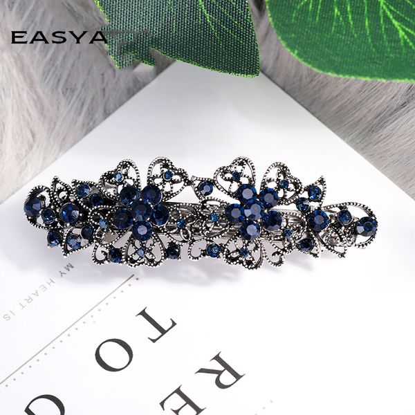 

easya new design blue rhinestone hair barrettes for women vintage crystal bowknot flower hair accessories headwear clips