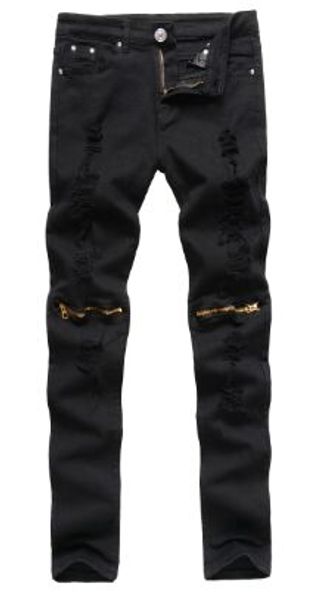 

Straight New Mens White Ripped Jeans Cotton Distressed Elasticity Skinny Thinning Cargo Zipper Above Knee Hip -Hop Male Denim Trousers