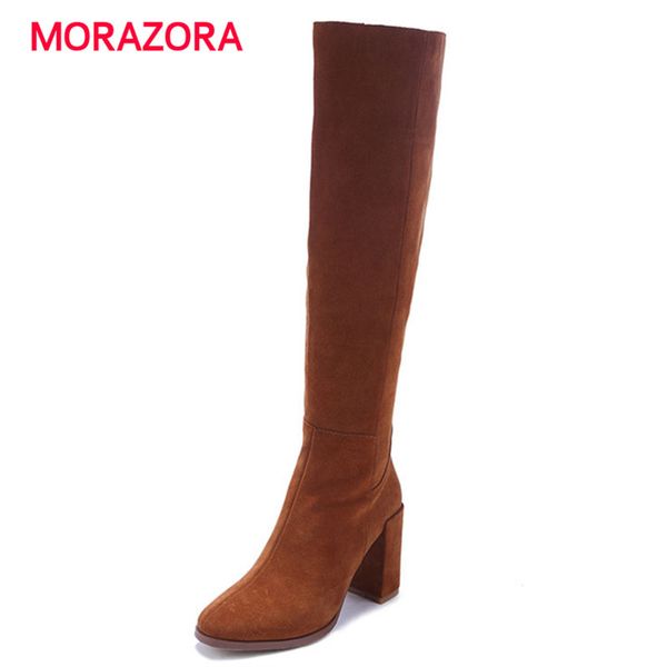 

morazora 2018 new autumn winter square toe knee high boots super high heel cow suede leather boots square heel zipper, Black