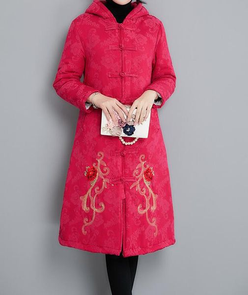 

l-3xl 2018 spring women new fashion vintage plate buckle embroidery cotton large size hooded waist long coat, Black