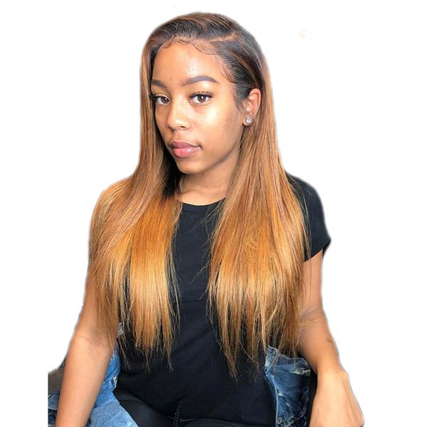 Ombre Honey Blonde Color 1b 27 Thick Glueless Full Lace Human Hair Wigs Brazilian Straight Lace Front Wig For Black Women Glueless Silk Top Full Lace