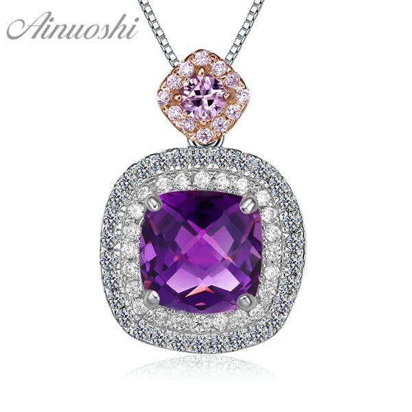

ainuoshi natural amethyst pendant 925 sterling silver box chain necklace 2.5ct cushion cut gems pendant necklace women jewelry