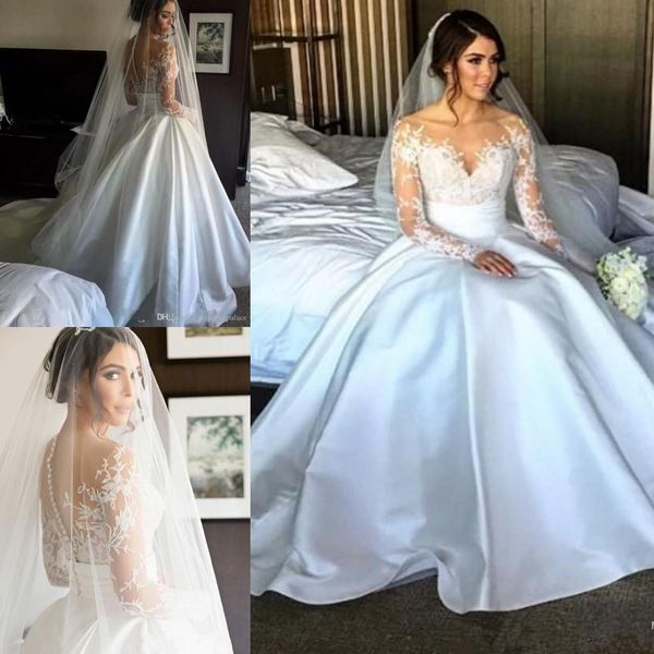 

long sleeve lace a-line wedding dresses with illusion back button back 2018 satin overskirts princess bridal wedding gowns bride dresses, White