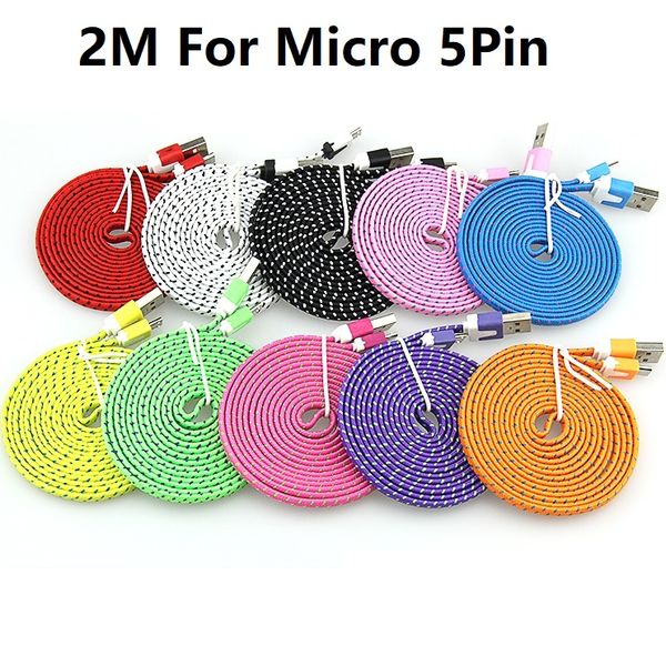 

2m 6ft portable flat noodle nylon fabric v8 micro usb data sync charge adapter cable for samsung for sony xperia xiaomi huawe
