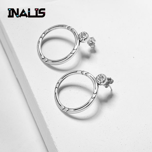 

inalis new statement vintage drop earrings s925 sterling silver inlay single clear zirconia round circle dangle brincos jewelry, Golden;silver