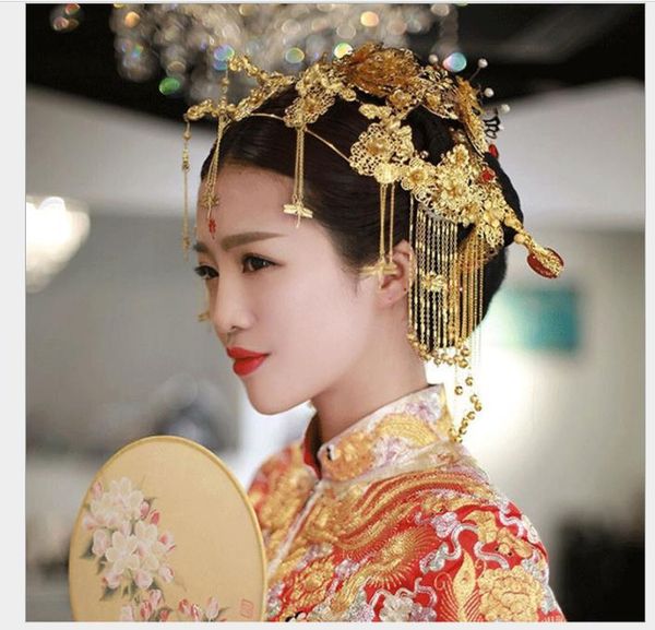 

brides, chinese style costume, toast, costume, phoenix crown, wedding gill, accessories, retro court headwear step hair accessories, Slivery;golden
