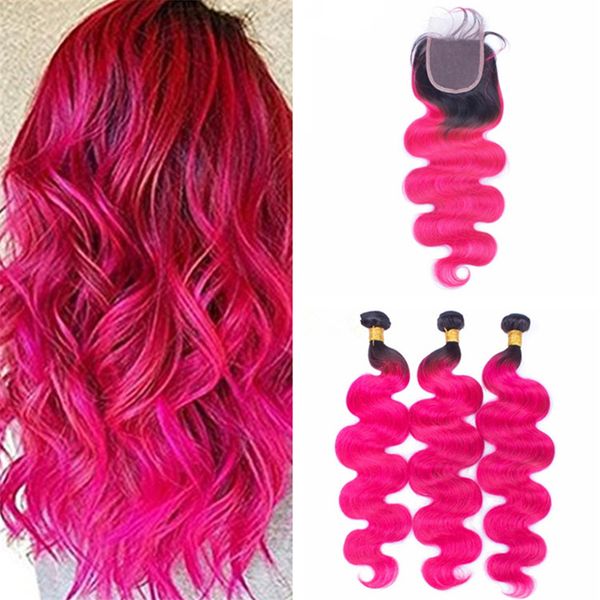 3 Bundles Hot Pink Ombre Hair Weaves With Lace Closure Dark Roots