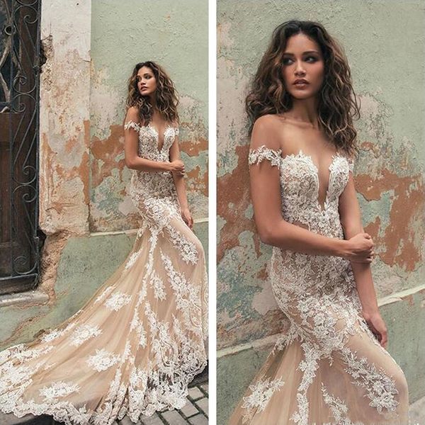 

2018 Berta Illusion Off Shoulder Cap Sleeves Lace Mermaid Wedding Dresses Tulle Applique Court Train Wedding Bridal Gowns