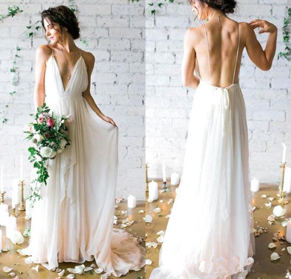 Sexy profundo vice-pescoço vestidos de noiva de praia de backless tule trem verão boho vestidos de noiva barato uma linha vestidos de casamento personalizados longos