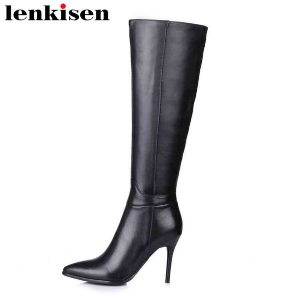 

lenkisen plus size rome vintage solid pointed toe zip cow leather super high heels women autumn winter knee-high boots l29, Black