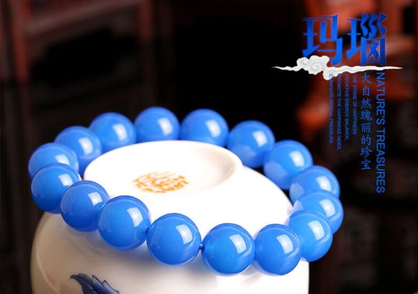 

unique beautiful natural blue chalcedony beads elastic bracelet, Golden;silver