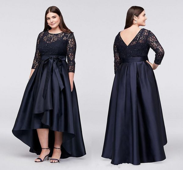 Элегантное темно-синее кружево плюс размер платья для матери невесты 3/4 с длинными рукавами высокие низкие вечерние платья дешевые вечерние платья HY4082