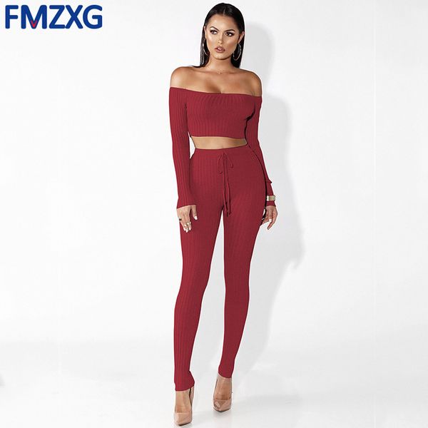 

two piece set women tracksuit long sleeve t shirt crop pencil pants leggings set bodycon slim suit autumn 2 piece sets, White