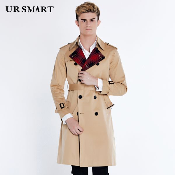

ursmart double-breasted trench coat male long coat of cultivate one's morality men's big british men dust lapels khaki, Tan;black