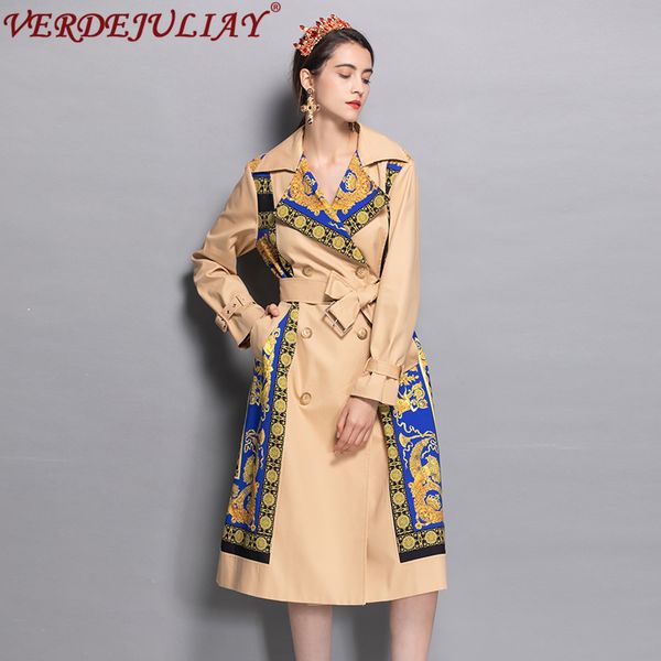 

high street ladies fashion trench 2018 early autumn print patchwork belt double breasted apricot long slim coat, Tan;black