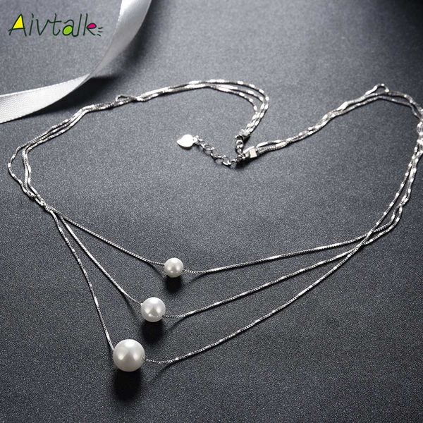 

aivtalk luxury pearl necklace genuine s925 sterling sliver charm pendant for women clavicle wedding dress accessory jewelry, Silver