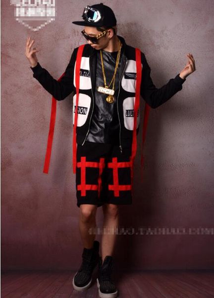 

man han edition of the new fashion boutique personality anchor bar singer stage costumes red ribbon buiter hip-hop baseball uniform m - 2 xl, Black;red