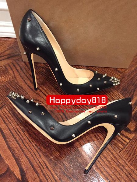 

fashion women pumps black real leather studded spikes point toe high heels thin heel boots shoes real p 120mm 100mm 8cm