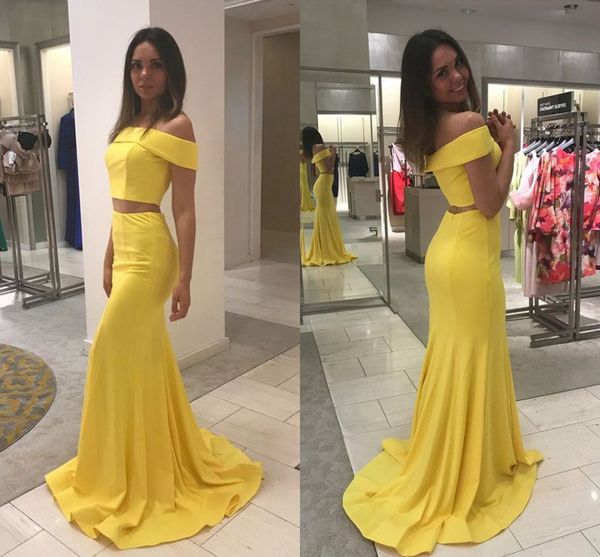 

yellow two piece mermaid prom dresses simple satin long prom dresses off the shoulder party dresses sweep train, Black