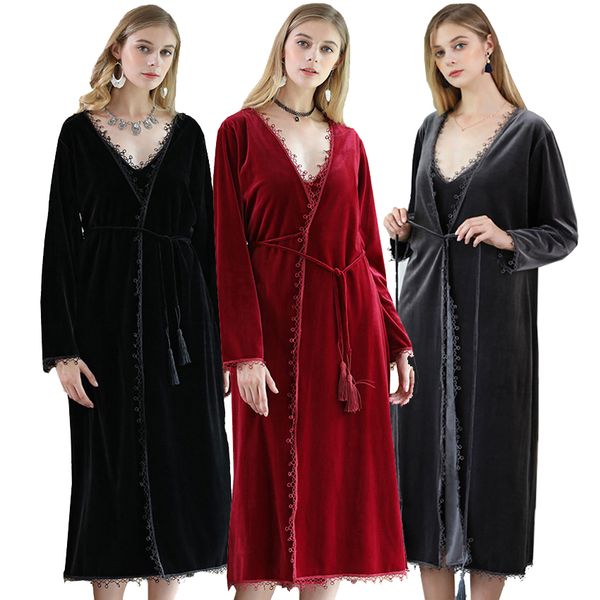 

hight quality winter warm velvet bathrobe 2017 warm comfy long kimono robe for women black red sleepwear nightgown spa robes
