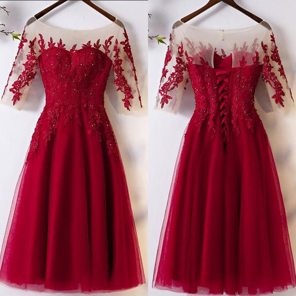 

2019 чай длина платье невесты sheer бато шеи иллюзия короткие рукава бисером кружева аппликации дешевые высокое качество горничной платья, White;pink