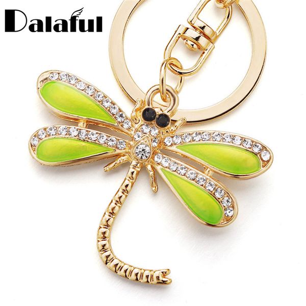 

key rings fashion dragonfly keyrings keychains for car crystal bag pendant women green enamel insect chains holder k268, Slivery;golden