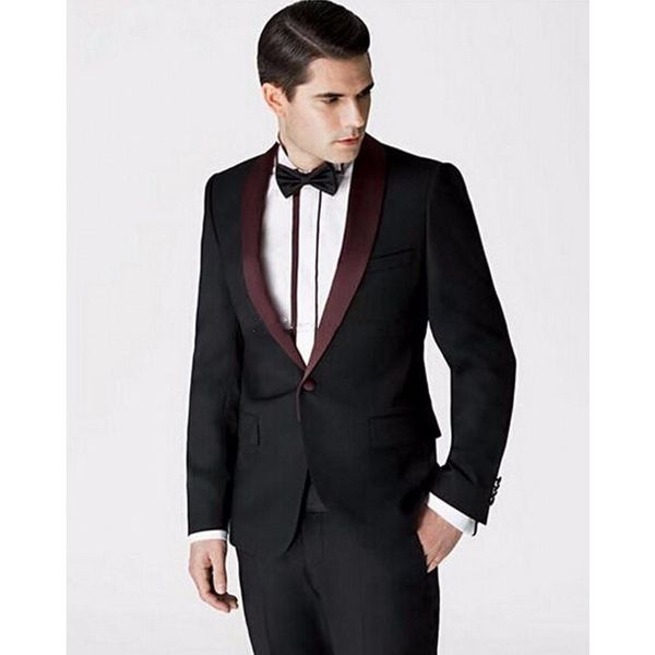 

2017 burgundy laple men suit set slim fit for prom wedding groom tuxedos groomsmen men suits blazers smart casual (jacket+pants, White;black
