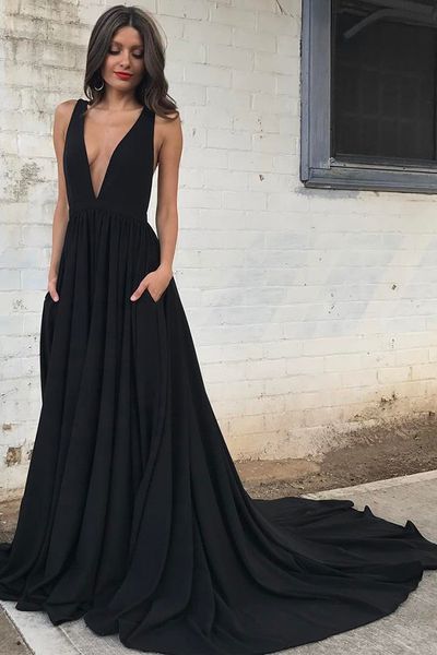 модные спинки глубокий v шеи sexy a line новое вечернее платье с карманами простые атласные длинные партии формальные платья выпускного вече, Black;red