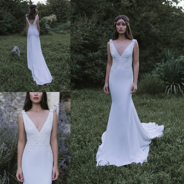 

lihi hod 2019 mermaid beach wedding dresses v neck backless lace beaded bridal gowns robes de soirÃ©e satin wedding dress, White