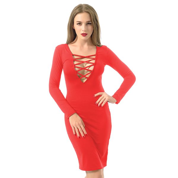 

casual dresses women summer bodycon slim pencil dress v neck evening party nightclub black red bandage long sleeves, Black;gray